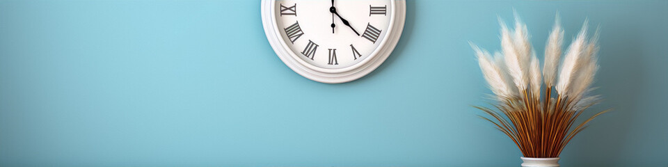 Blue wall and white clock with roman numerals and wheat in vase still life - obrazy, fototapety, plakaty