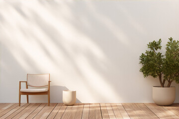 3D rendering, interior design, architecture, minimalism, neutral colors, beige, white, wood, chair, plant, pot, sunlight, shadow, empty space - obrazy, fototapety, plakaty