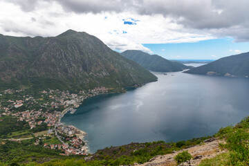 Kotor, Montenegro - August 06, 2023: A beautiful view from the hill on Bay of Kotor