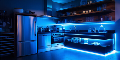 Blue and Black Modern Kitchen with Blue Neon Lights