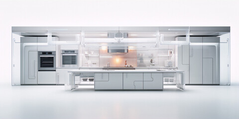 3D rendering of a modern kitchen interior with white cabinets and a large island in the center.