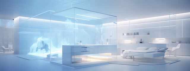 Futuristic interior of a luxury house with glass walls and a swimming pool in the living room
