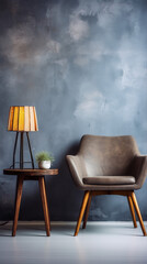 Retro minimalist living room interior with brown leather armchair, wooden table and lamp against blue textured wall