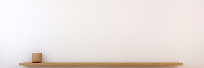 3D rendering of a minimal shelf with a wooden cup on it against a white wall.