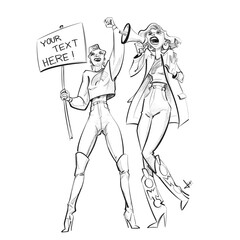 A same sex couple are marching or political demonstration. They are wearing trendy clothes, they are advocating for equal rights, gay rights, lgbtqia+ causes. 