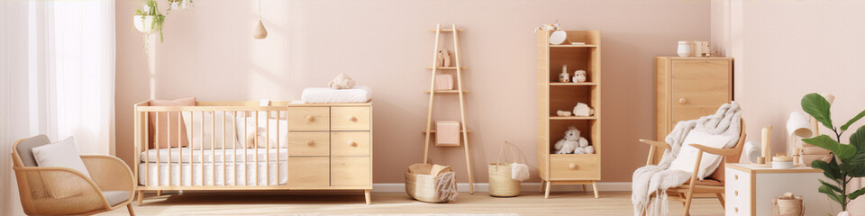 3D rendering of a cozy nursery with wooden furniture and neutral colors in Scandinavian style - obrazy, fototapety, plakaty