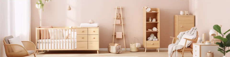 Fotobehang 3D rendering of a cozy nursery with wooden furniture and neutral colors in Scandinavian style © sakina