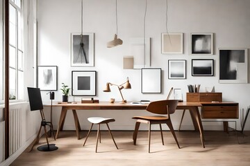 A minimalist study with a large, wooden desk, a comfortable leather chair, and a series of simple, framed artworks