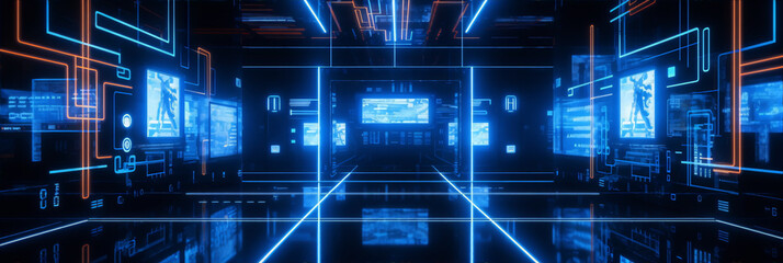 Obraz premium Futuristic Sci-Fi Technology Digital Tunnel With Blue And Orange Neon Glowing Lights