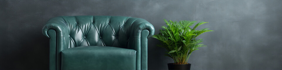 Armchair and plant near the dark green wall, 3d render