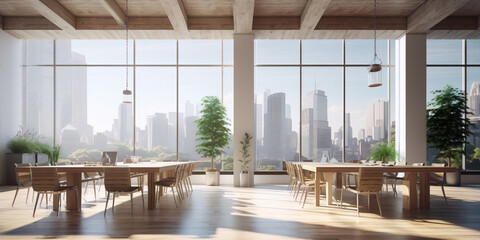 Office interior with wooden tables and chairs, plants, and a city view. - obrazy, fototapety, plakaty