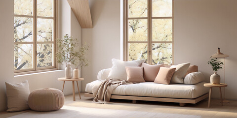Minimalist living room interior with large windows, plants, and a comfortable sofa in neutral colors.