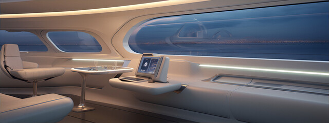 Futuristic interior of a spaceship with a large window and a control panel. - obrazy, fototapety, plakaty