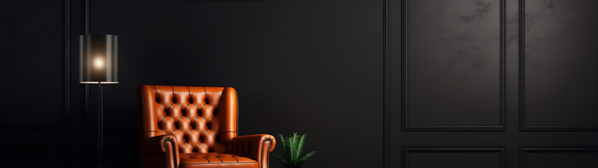 3D rendering of a tufted brown leather armchair in a dark room with a single spotlight - obrazy, fototapety, plakaty