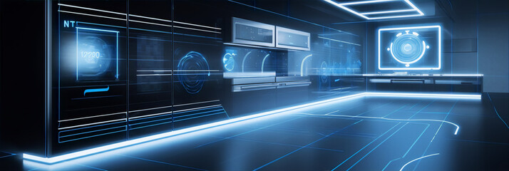 kitchen of the future, blue neon lights, dark background, futuristic, digital art