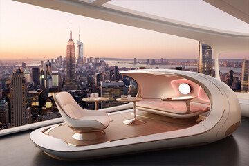 Futuristic living room with a view of the city. Interior design concept. 3D rendering. - obrazy, fototapety, plakaty