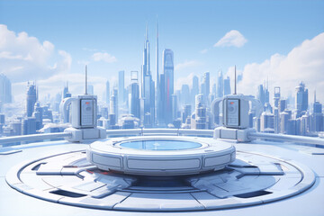Futuristic cityscape with a helipad in the foreground and a large city in the background. - obrazy, fototapety, plakaty