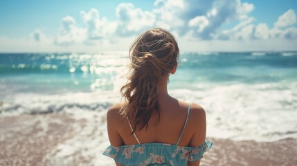 Back view of a girl on the seashore. Generative AI