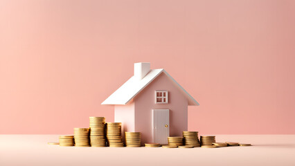 Isolated 3D Stack of Coins and Model House on Soft Pastel Background. Representing Saving Money, Financial Plan, Home Loan, Real Property, and Capital Investment.