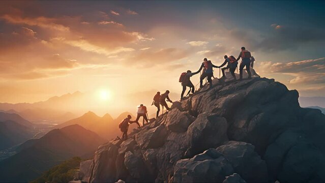 Group of hikers at sunset mountain. Young people on mountain hike at sunrise. They holding hands and helping each other. The concept of support and business. Ai-generated.