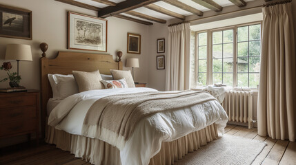 Rustic Country Bedroom with Exposed Beams and Vintage Decor
