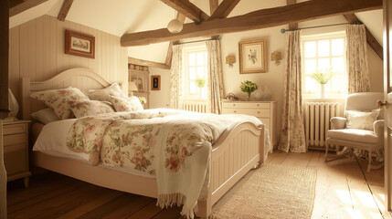 Charming Cottage Bedroom with Floral Bedding and Soft Natural Lighting
