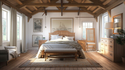 Elegant Country Bedroom with Polished Wood Furniture and Classic Art
