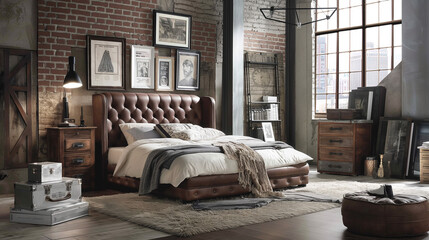 Industrial-Chic Bedroom with Leather Bed and Urban Brick Wall Decor
