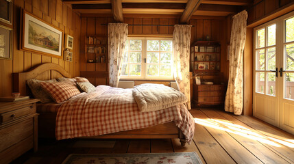Rustic Wooden Cabin Bedroom with Warm Textiles and Antique Furnishings
