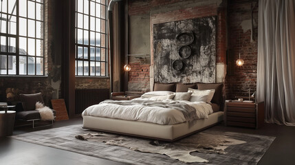 Urban Industrial Bedroom with Soft Textures and Eclectic Wall Art
