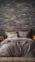 Fototapeta na wymiar A cozy bedroom with a stone wall, wooden bed, and soft bedding in neutral colors.