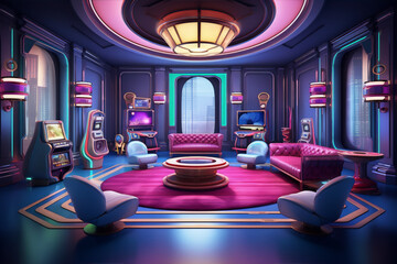 A retro futuristic game room with pink and blue neon lights and soft seating.