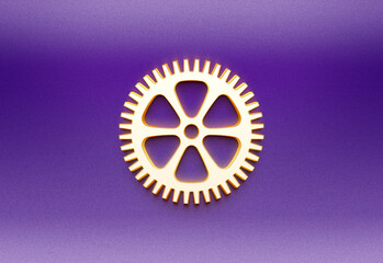 3D white glowing logo design of industrial wheel sign on gradient purple color.
