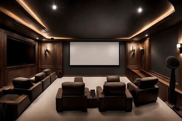 Small, minimalist home theater with a large screen and comfortable seating.