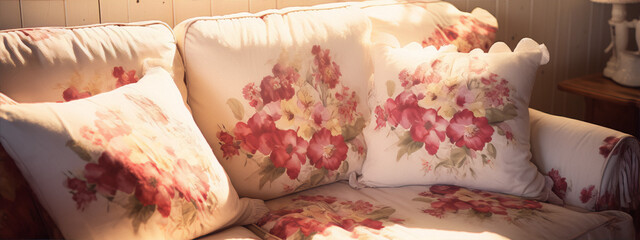 Throw pillows with a floral pattern in red and pink on a white couch. - obrazy, fototapety, plakaty