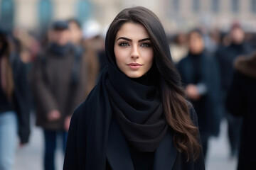 Woman in a black coat and scarf on a city street