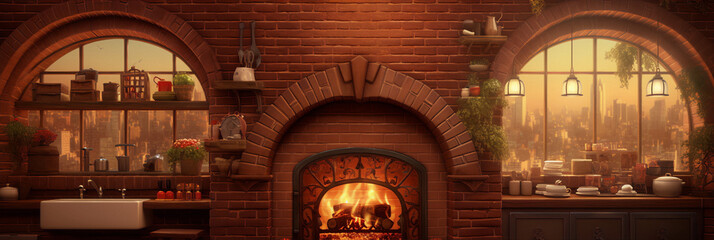 Cozy kitchen interior with a brick fireplace, arched windows, and a view of the city. - obrazy, fototapety, plakaty