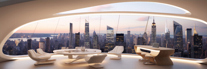 Futuristic cityscape with skyscrapers and a modern interior in white with a large desk and chairs with a view of the city - obrazy, fototapety, plakaty