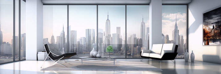 Cityscape living room interior with large windows and modern furniture in black and white with pops of green.