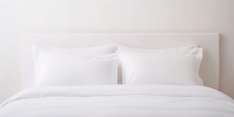 White bedding on a bed against a beige wall.