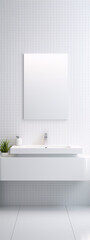 3D rendering of a modern bathroom interior with white ceramic tiles, sink, and mirror.