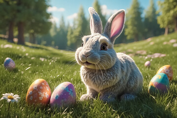 Cute Easter Bunny in a sunny meadow, peaceful countryside ambiance with colorful eggs and charming bunny. Happy easter