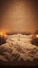 3D rendering of a cozy bedroom with brick walls and soft lighting.