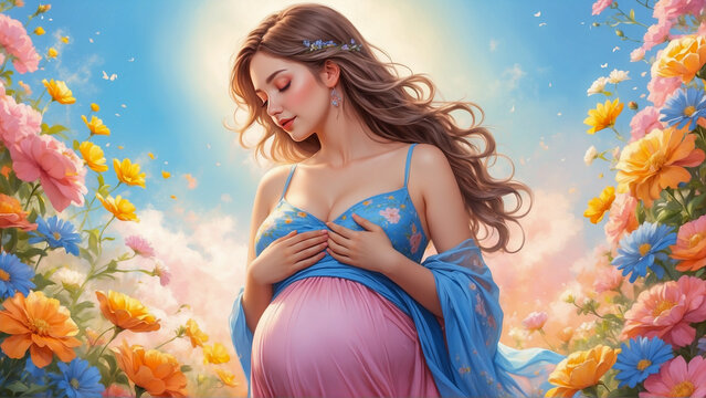 Illustration of a pregnant woman lovingly looking at her belly while caressing it, wearing flowy dress. Future mom, standing in nature. Happy Pregnancy And Motherhood Concept