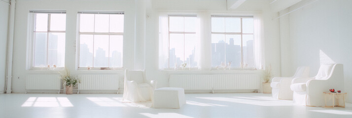 Fine art photography of a white room with large windows and a city skyline view