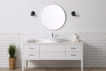 Bathroom vanity in a modern style with a white finish and a round mirror