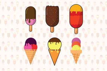 cartoon illustration of various kinds of ice cream