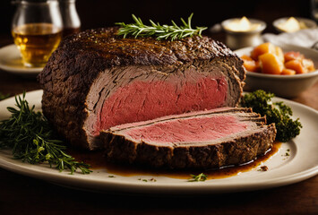prime rib roast seasoned with herbs and garlic, cooked until tender, and served with au jus. Christmas food. Festive dish