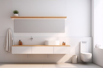Bathroom interior in a minimalist style with white walls and brown wooden elements