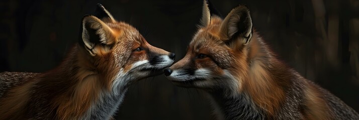 Foxes romantically embracing against a studio backdrop ideal for Valentine's Day. Concept Valentine's Day, Foxes, Studio Backdrop, Romantic Embrace, Colorful Props